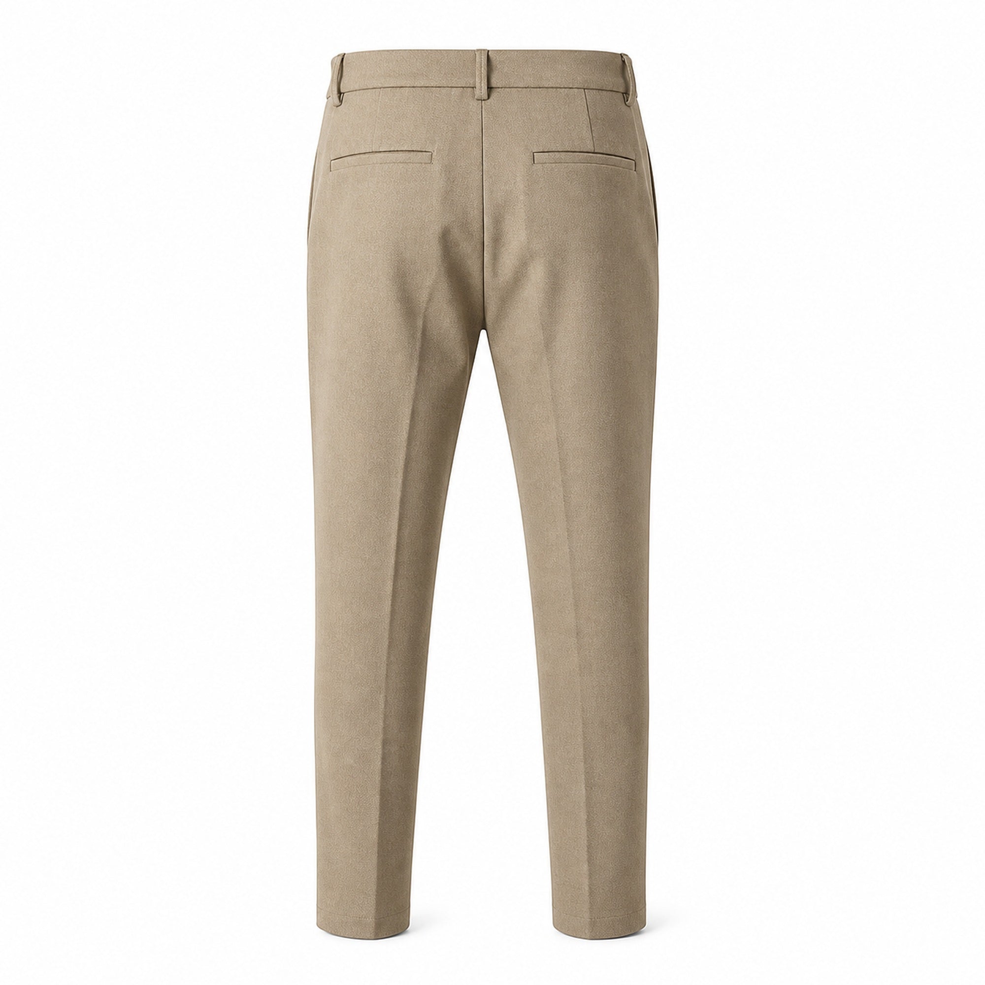 Wynvane beige tailored trousers, rear ghost mannequin studio view