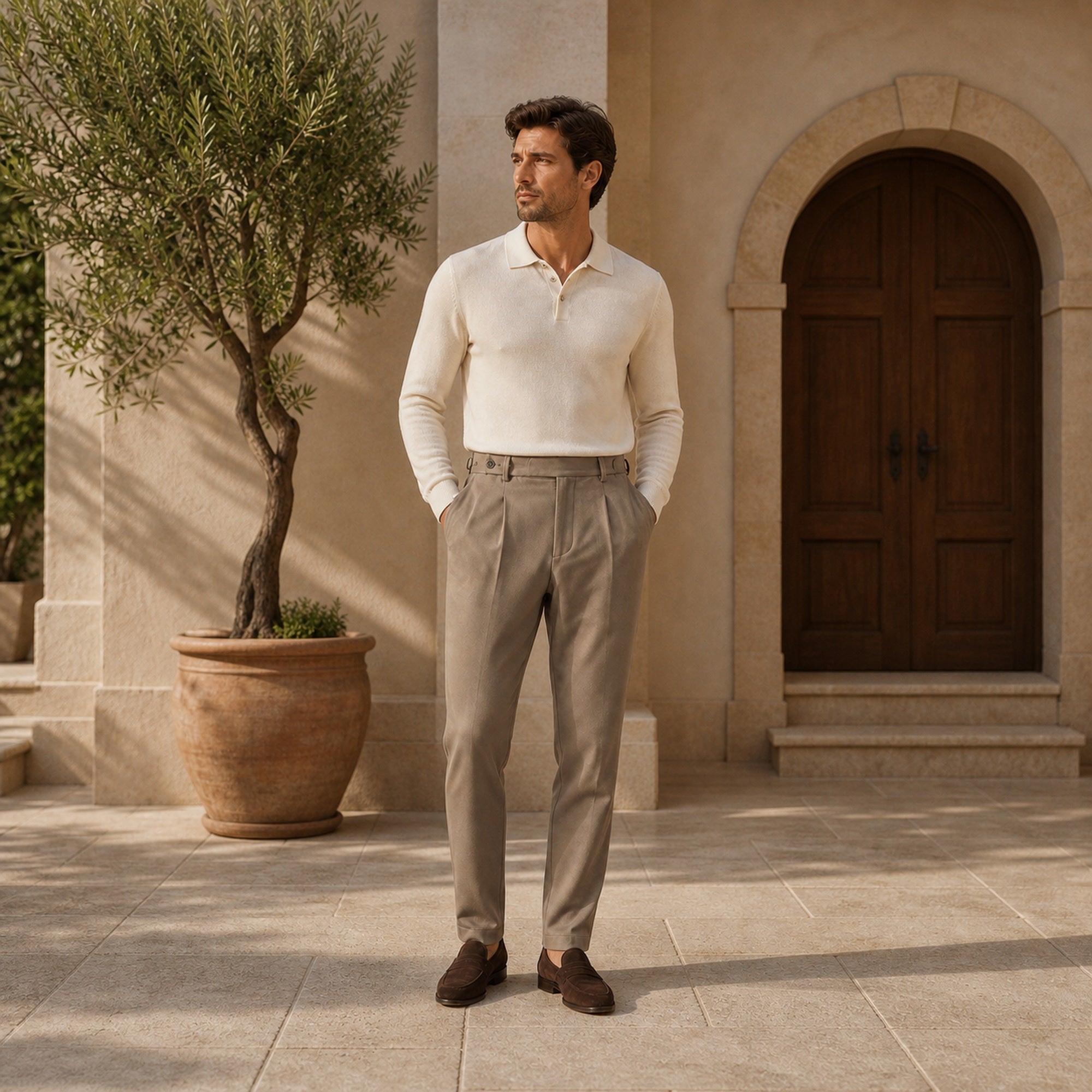 Wynvane beige pleated trousers styled in a Mediterranean villa