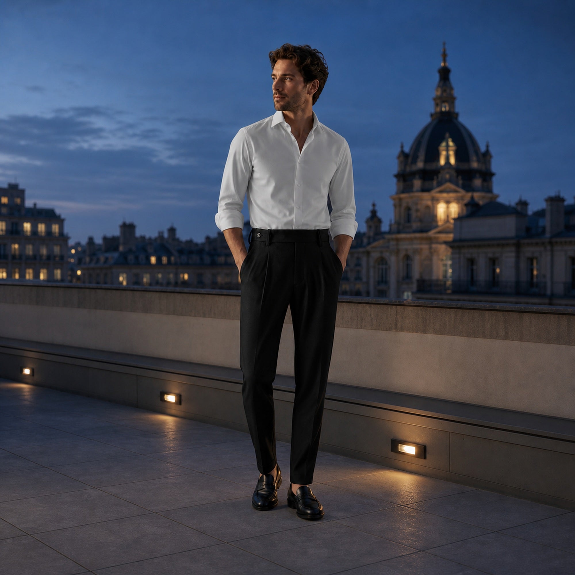 Wynvane black pleated trousers styled on a European city rooftop