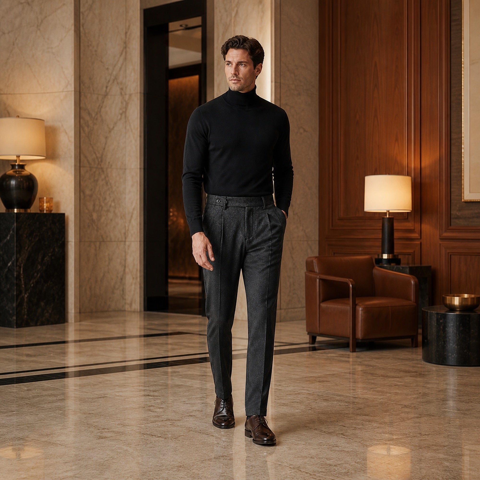 Wynvane charcoal pleated trousers styled in a luxury hotel