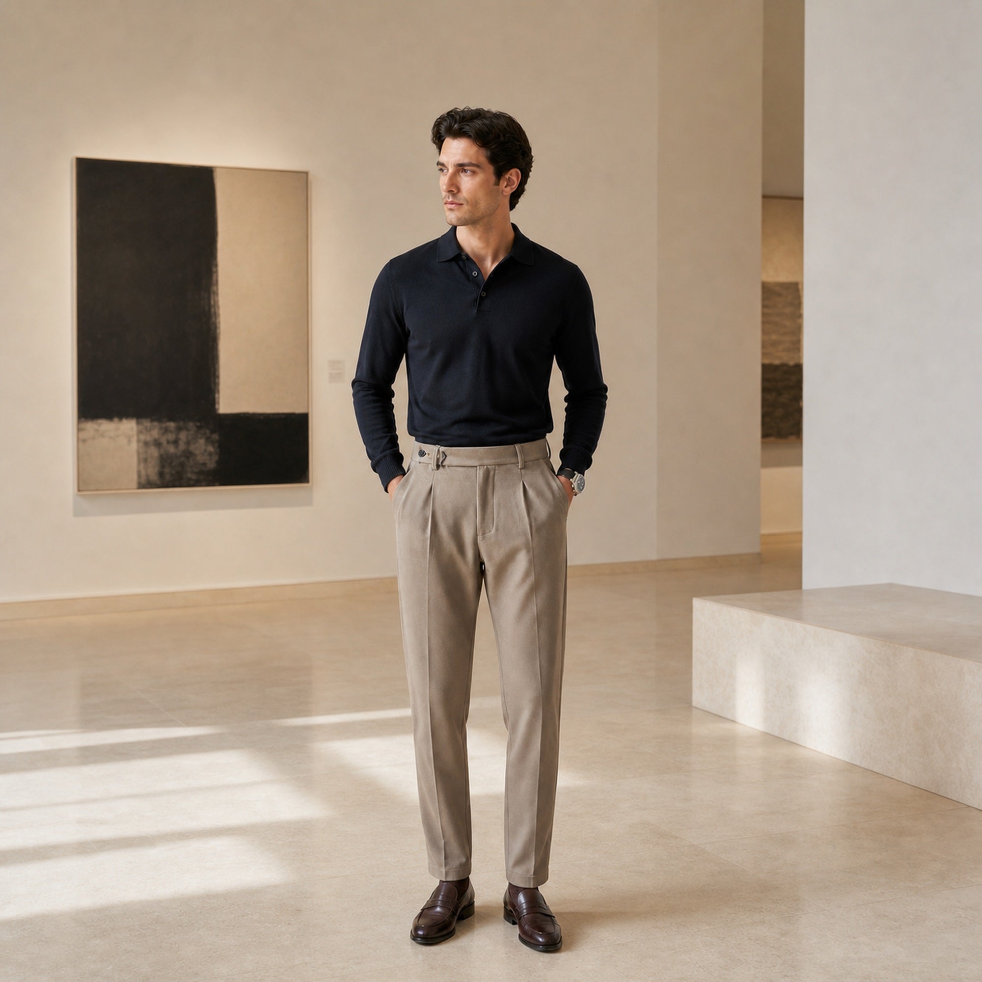 Wynvane beige pleated trousers styled in a contemporary gallery