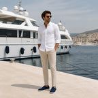 Xavemere navy suede shoes styled at a yacht marina