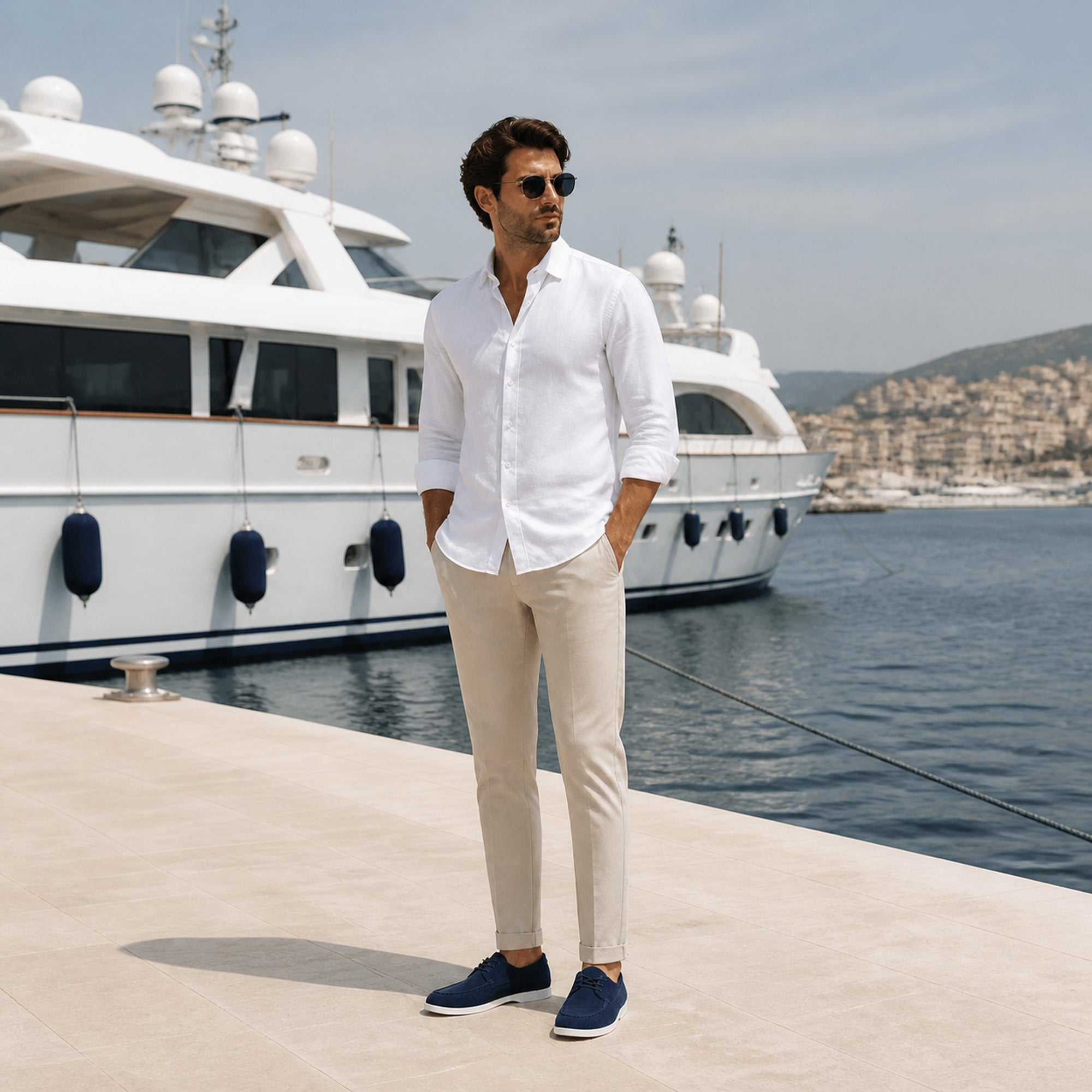 Xavemere navy suede shoes styled at a yacht marina