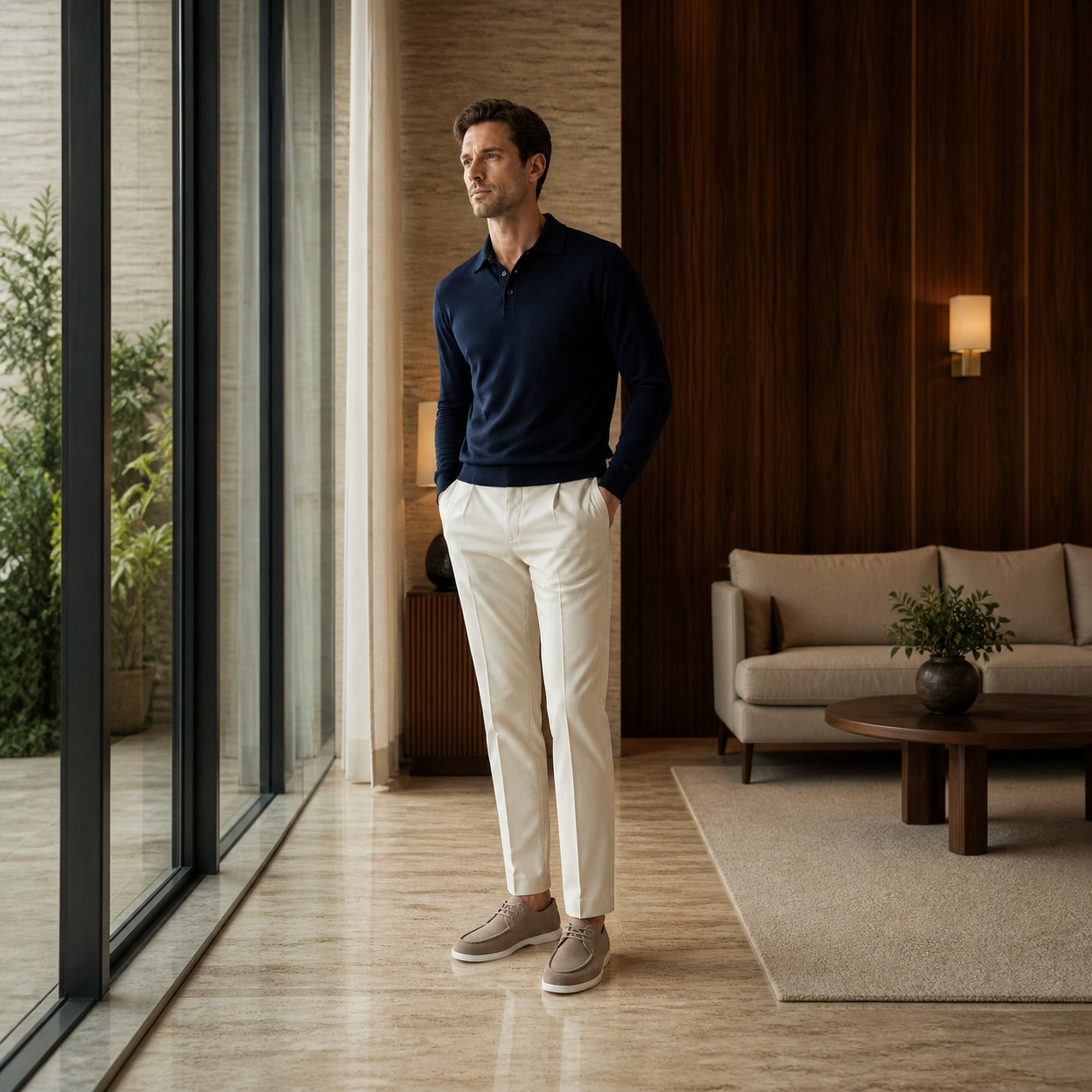 Xavemere taupe suede shoes styled in a luxury hotel