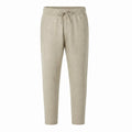 Khaki Xaverel men's linen drawstring trousers on a pure white studio background