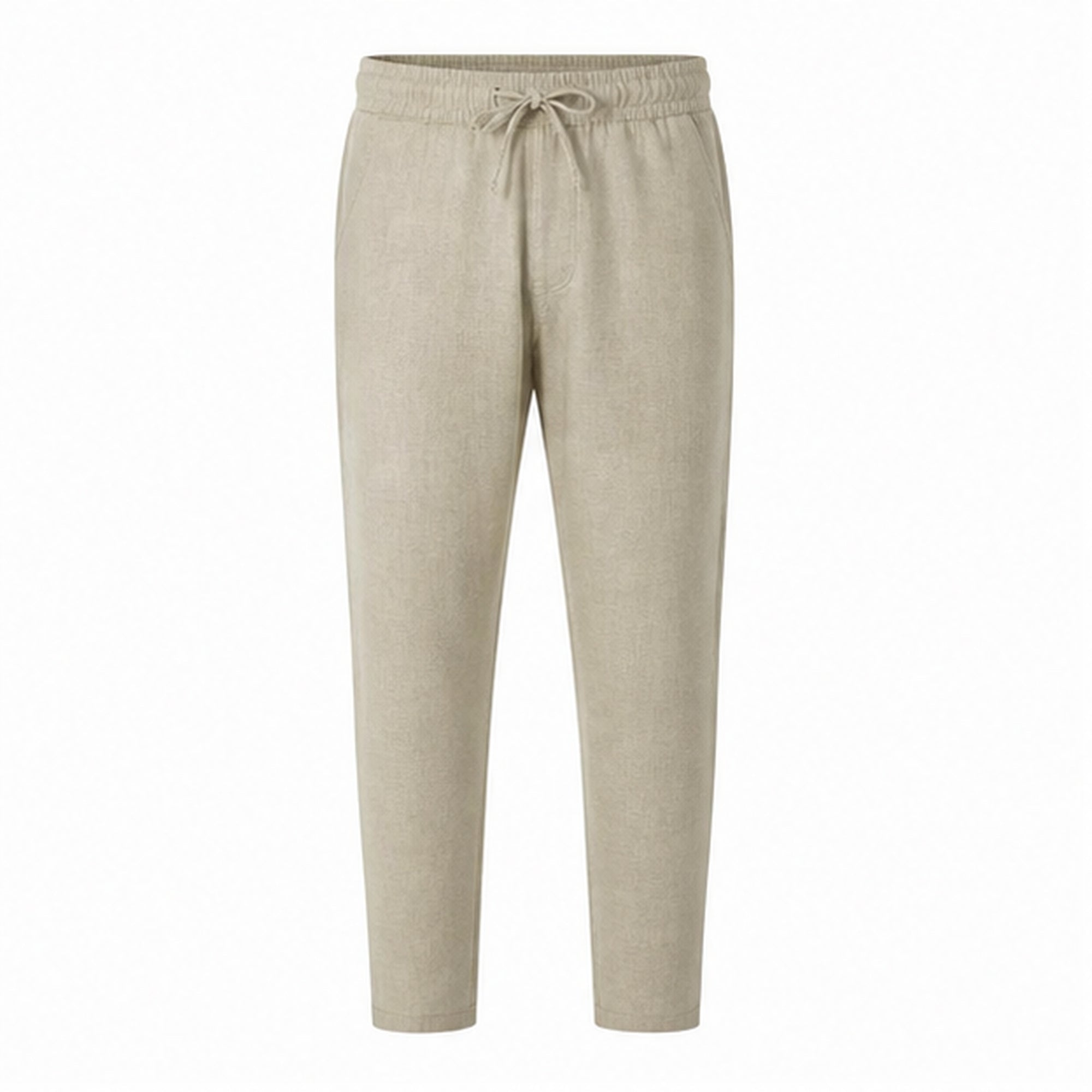 Khaki Xaverel men's linen drawstring trousers on a pure white studio background