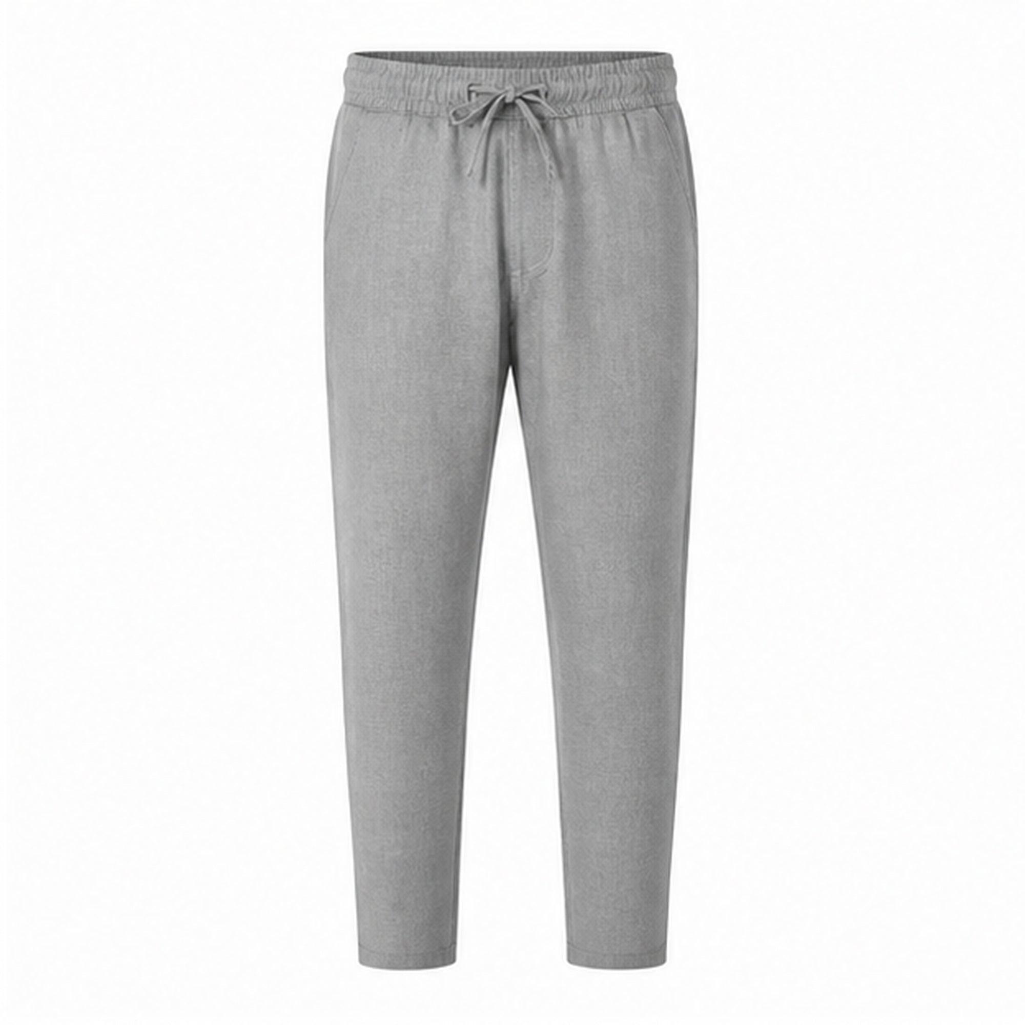 Grey Xaverel men's linen drawstring trousers on a pure white studio background