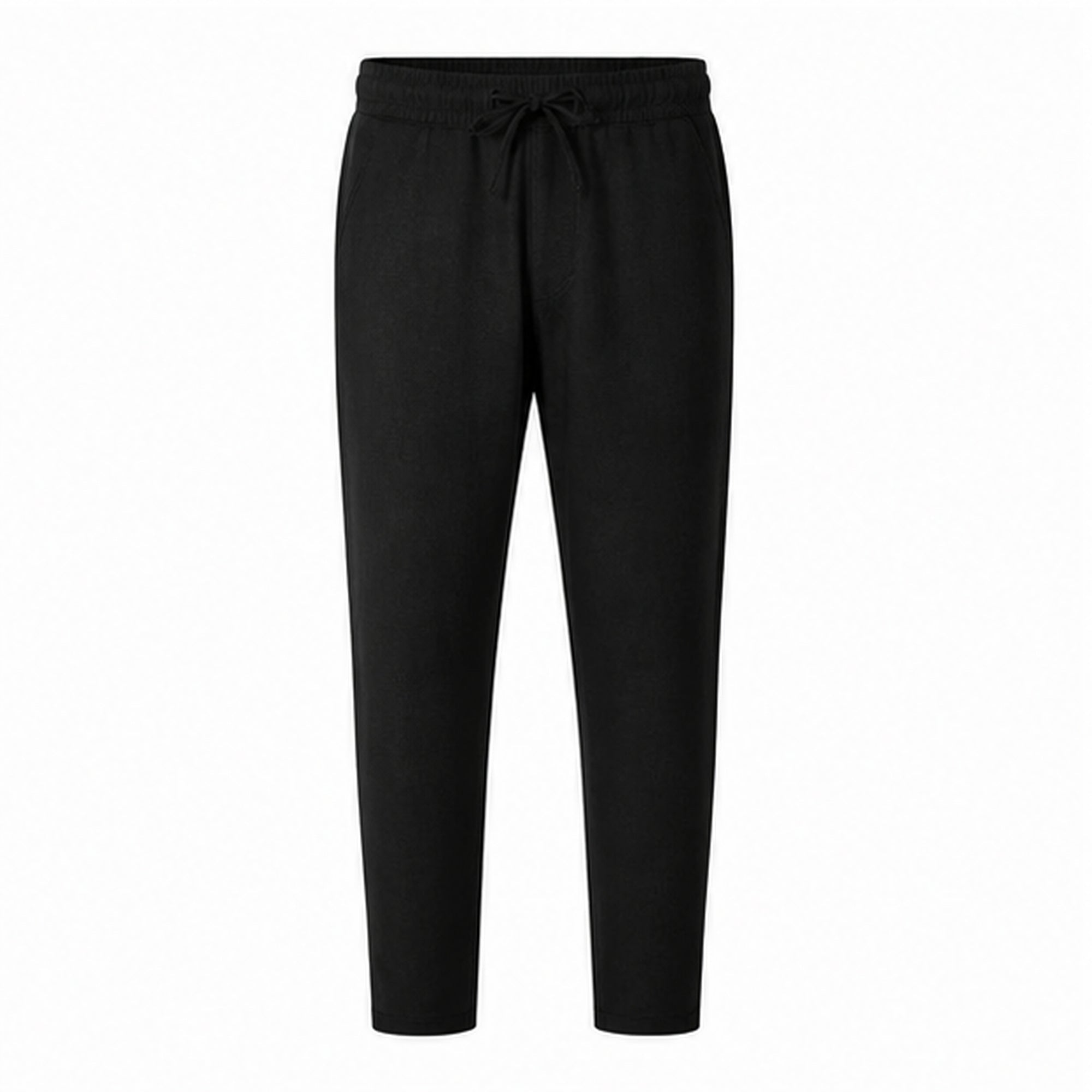 Black Xaverel men's linen drawstring trousers on a pure white studio background
