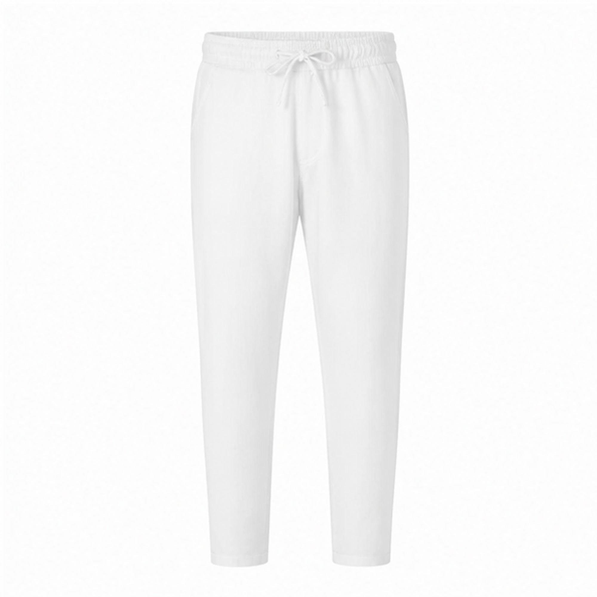 White Xaverel men's linen drawstring trousers on a pure white studio background