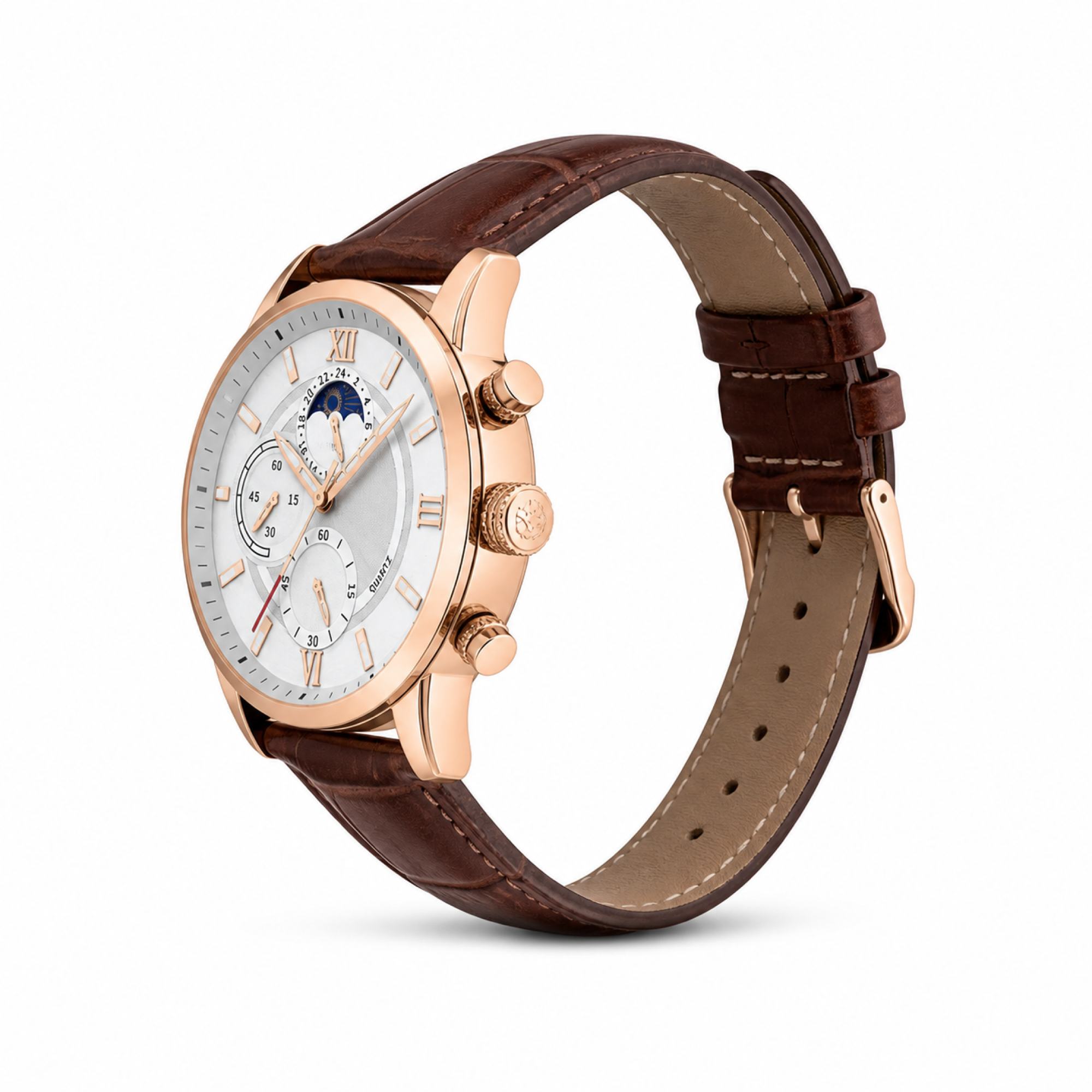 Xavevaro watch side profile with crown and pushers on pure white