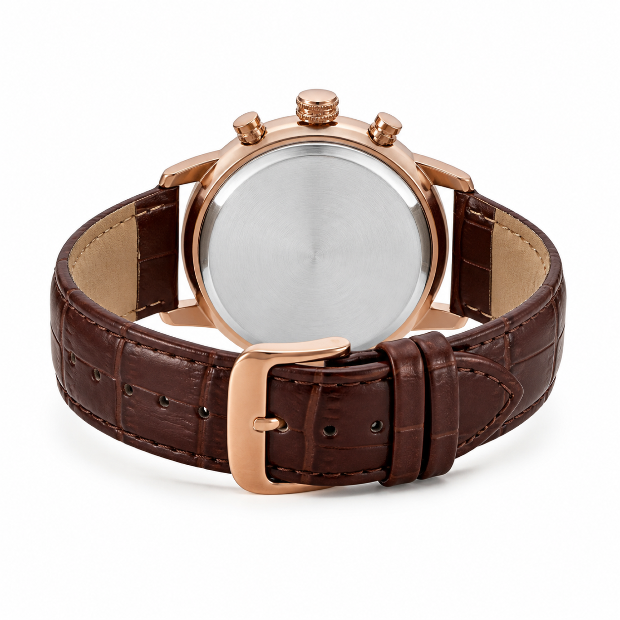 Xavevaro watch caseback and brown leather buckle on pure white