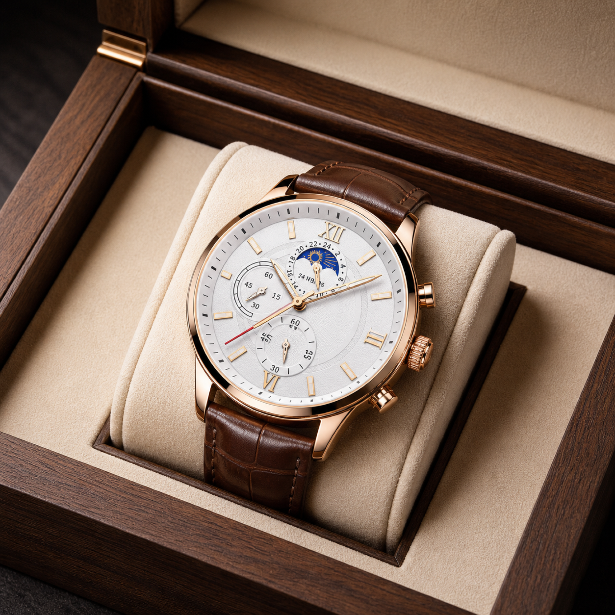 Xavevaro rose-gold watch presented in a walnut watch box