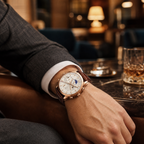 Xavevaro watch worn with tailored menswear in an elegant lounge