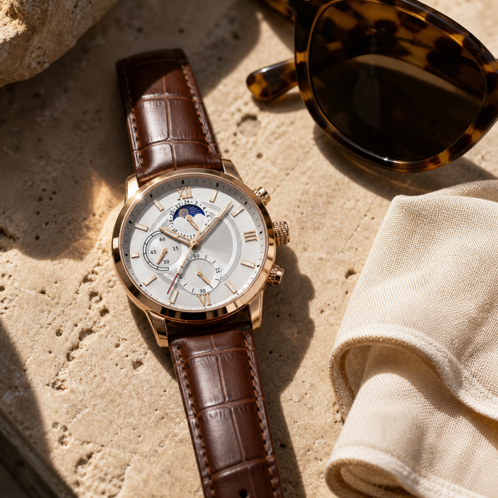 Xavevaro watch styled on travertine with sunglasses and linen
