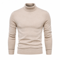Yoremora beige fine-knit turtleneck front view on pure white