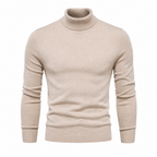 Yoremora beige fine-knit turtleneck front view on pure white
