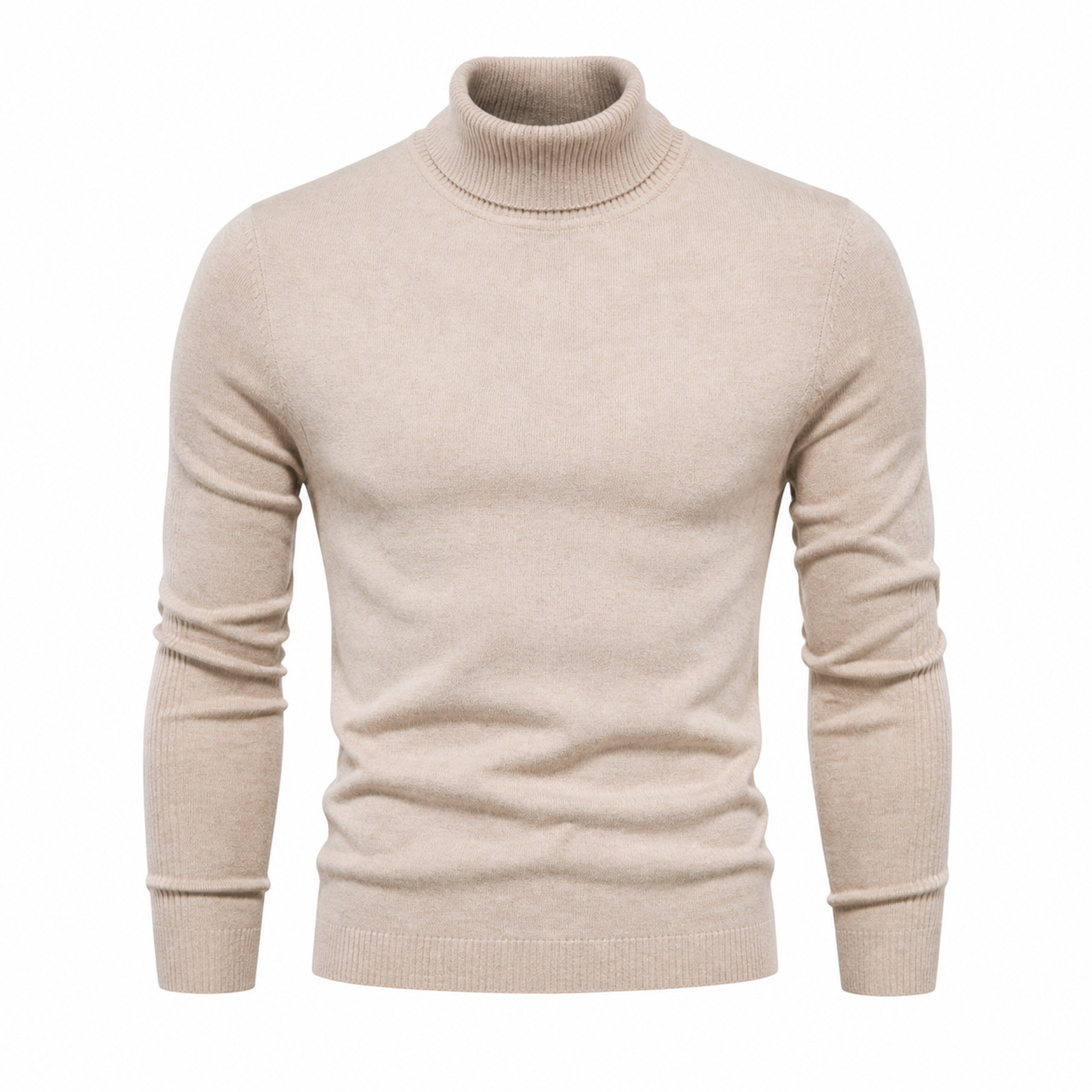 Yoremora beige fine-knit turtleneck front view on pure white