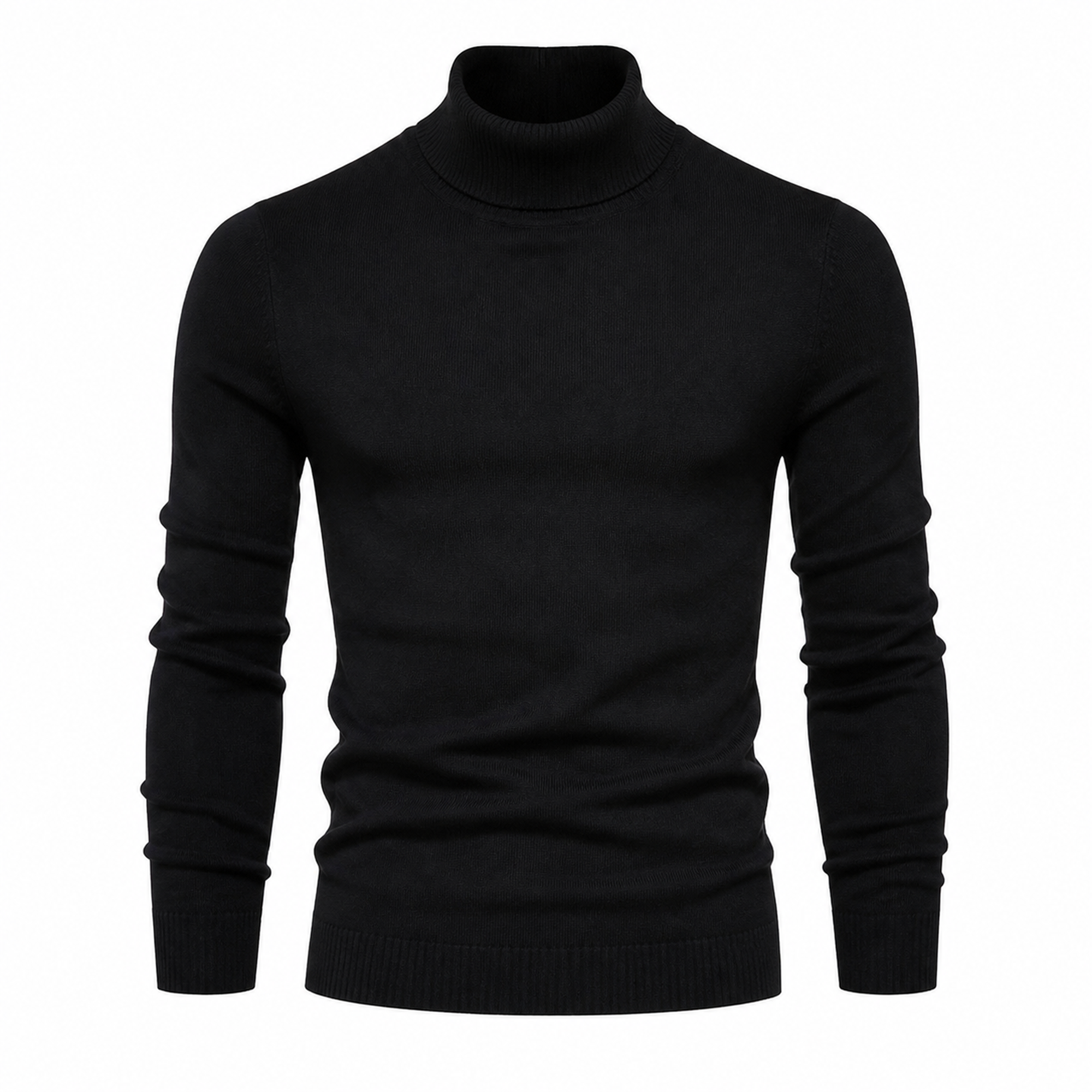 Yoremora black fine-knit turtleneck front view on pure white