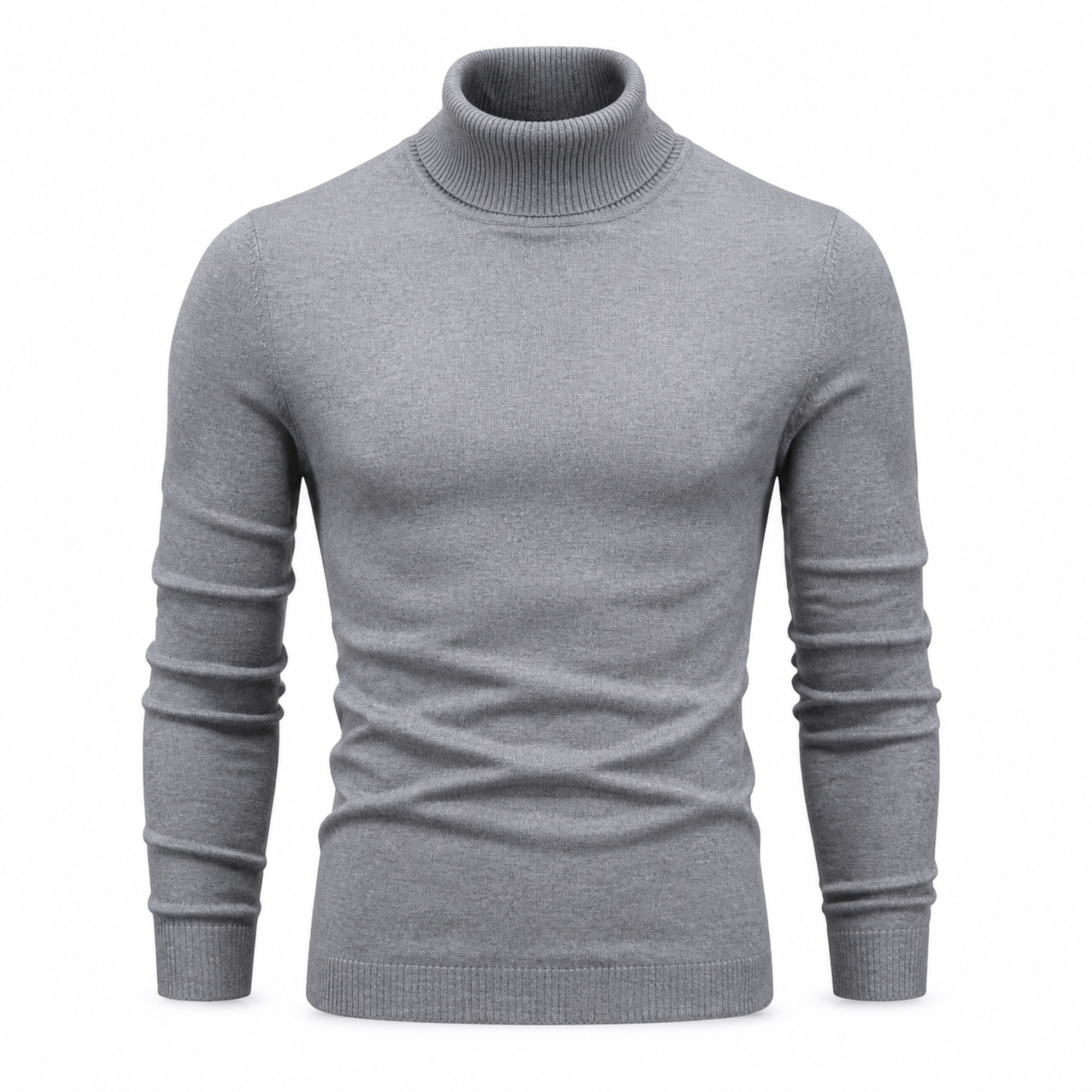 Yoremora grey fine-knit turtleneck front view on pure white