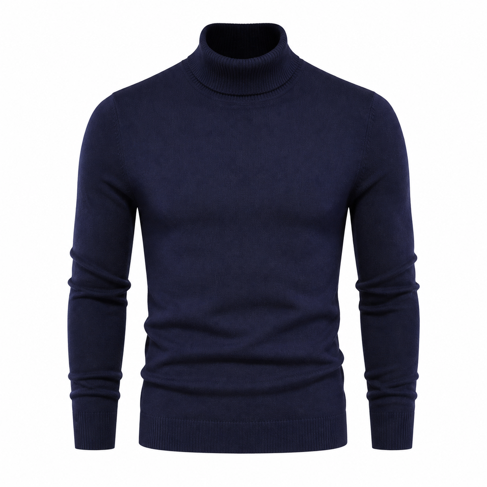 Yoremora navy fine-knit turtleneck front view on pure white