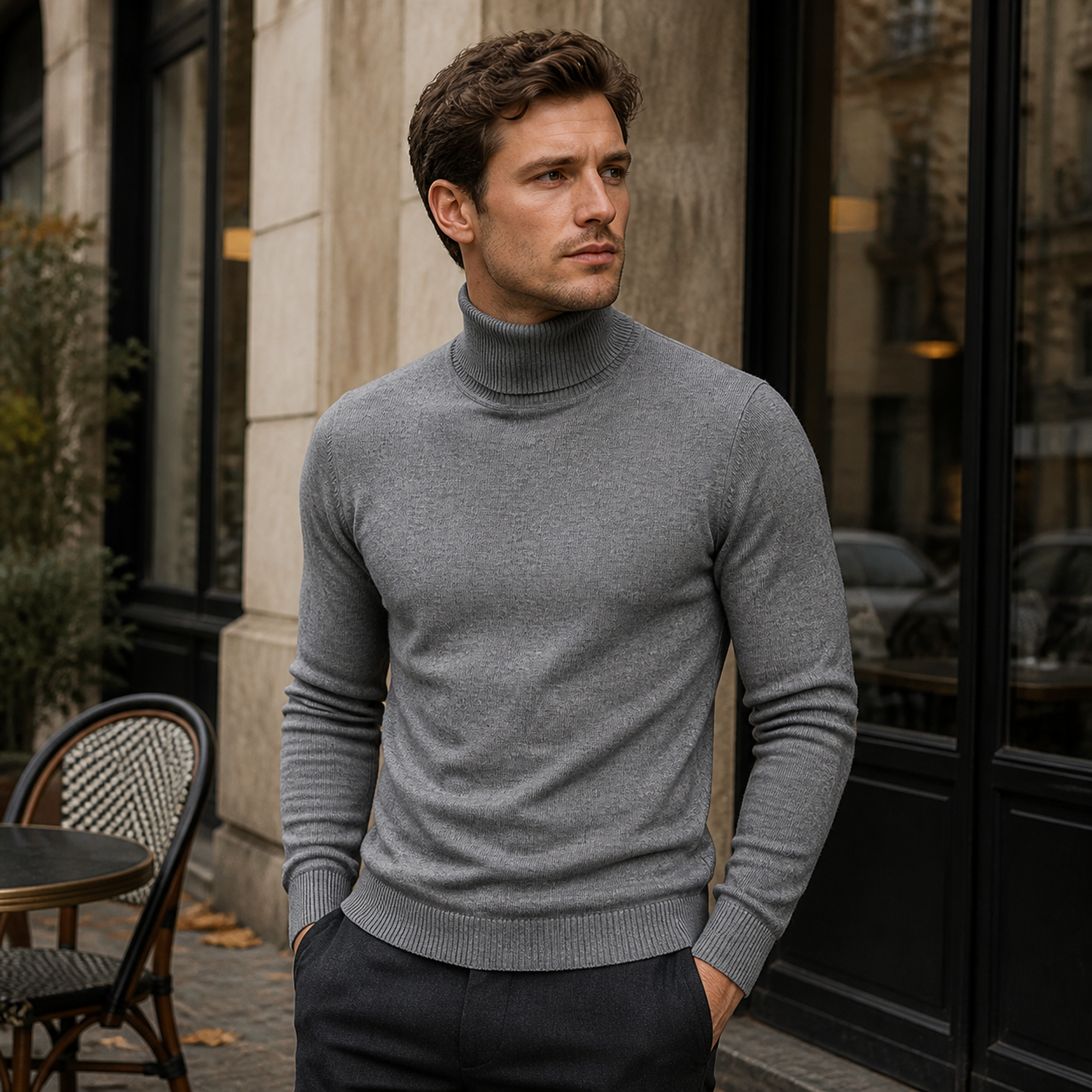 Man wearing the grey Yoremora turtleneck outside a European cafe