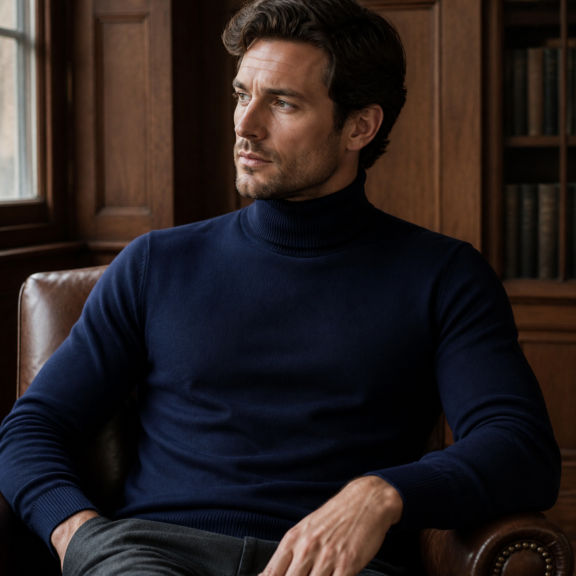 Man wearing the navy Yoremora turtleneck in a wood-panelled library