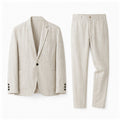 Beige Yorevaro men's linen summer suit on a pure white studio background