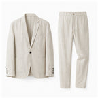 Beige Yorevaro men's linen summer suit on a pure white studio background