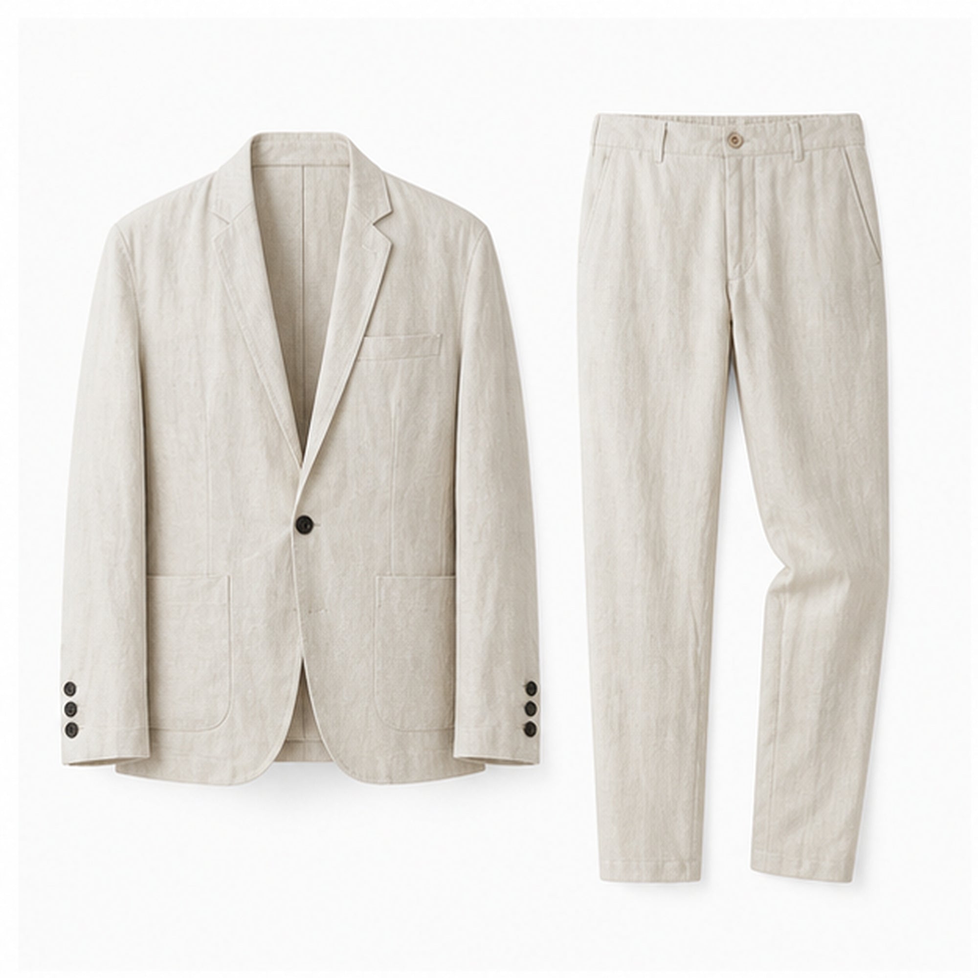 Beige Yorevaro men's linen summer suit on a pure white studio background