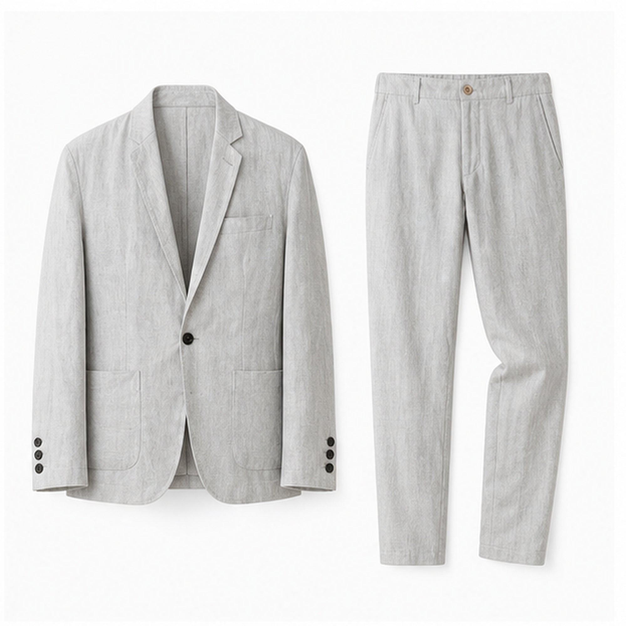 Grey Yorevaro men's linen summer suit on a pure white studio background