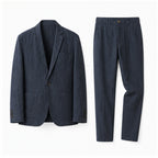 Navy Yorevaro men's linen summer suit on a pure white studio background