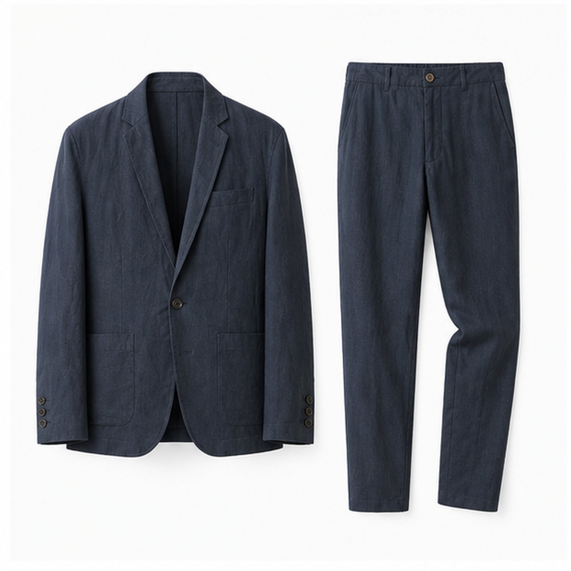 Navy Yorevaro men's linen summer suit on a pure white studio background