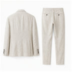 Rear view of the beige Yorevaro linen summer suit on pure white