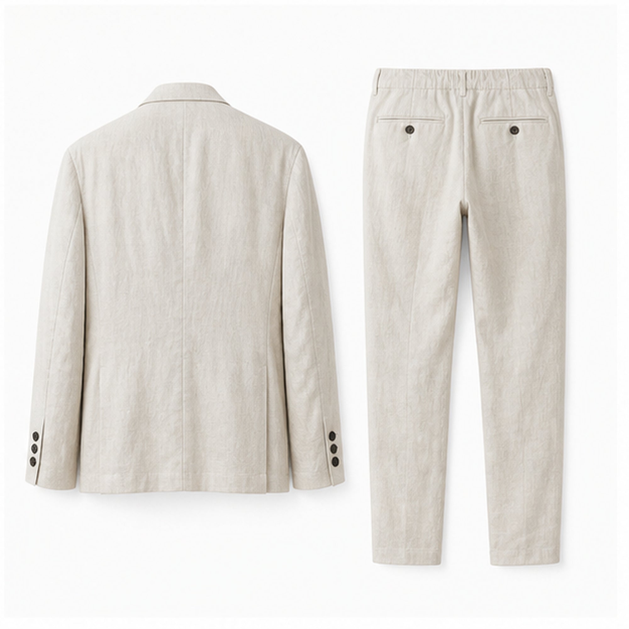 Rear view of the beige Yorevaro linen summer suit on pure white
