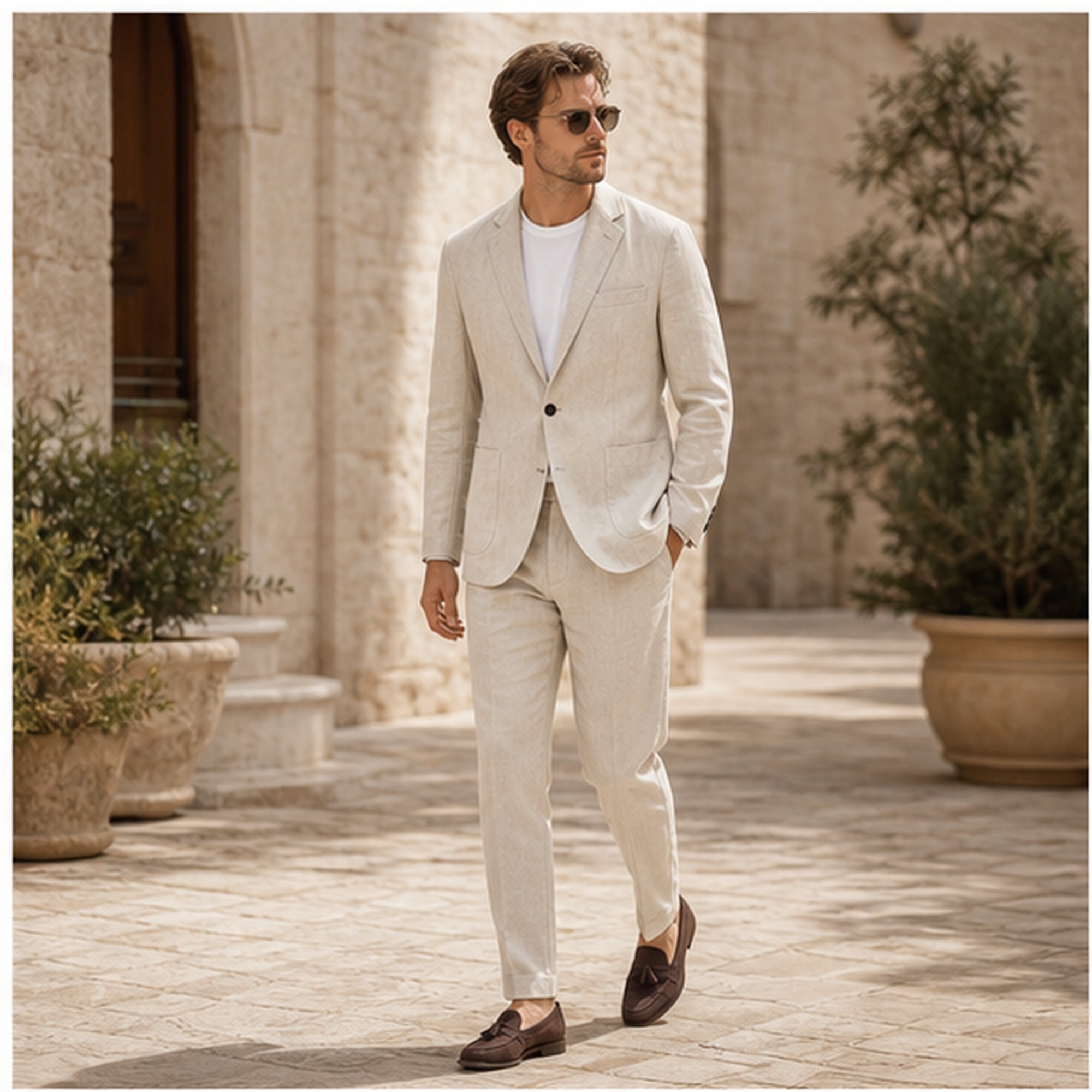 Beige Yorevaro linen suit styled in a Mediterranean courtyard