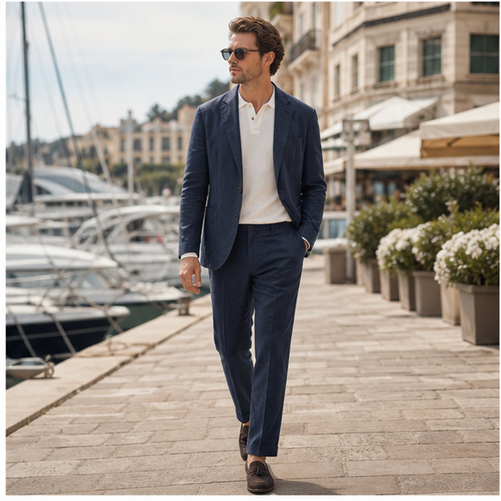 Navy Yorevaro linen suit styled beside a Mediterranean marina