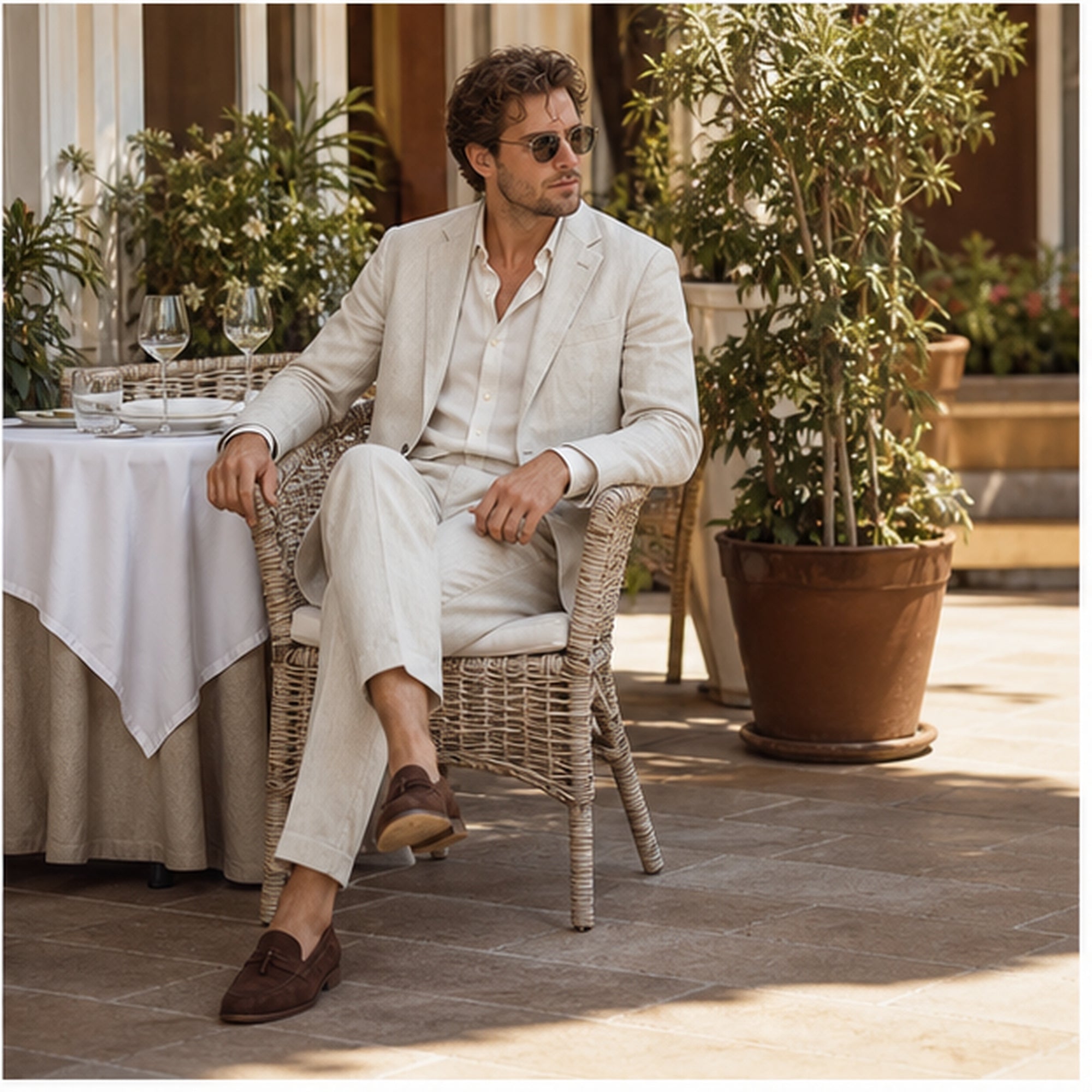 Beige Yorevaro linen suit styled at a refined outdoor restaurant