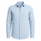 Yorevello light-blue cotton-linen shirt, front ghost mannequin view