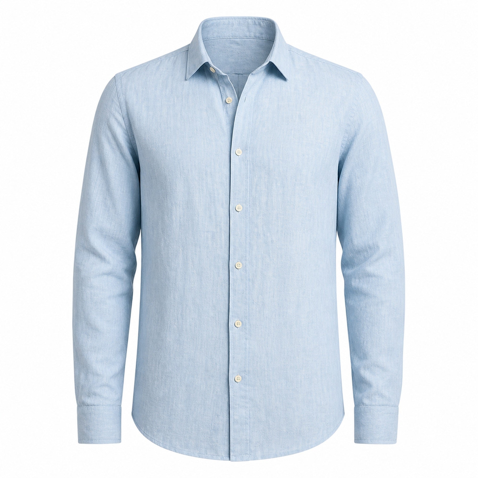 Yorevello light-blue cotton-linen shirt, front ghost mannequin view