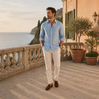 Yorevello light-blue shirt styled on a Mediterranean villa terrace