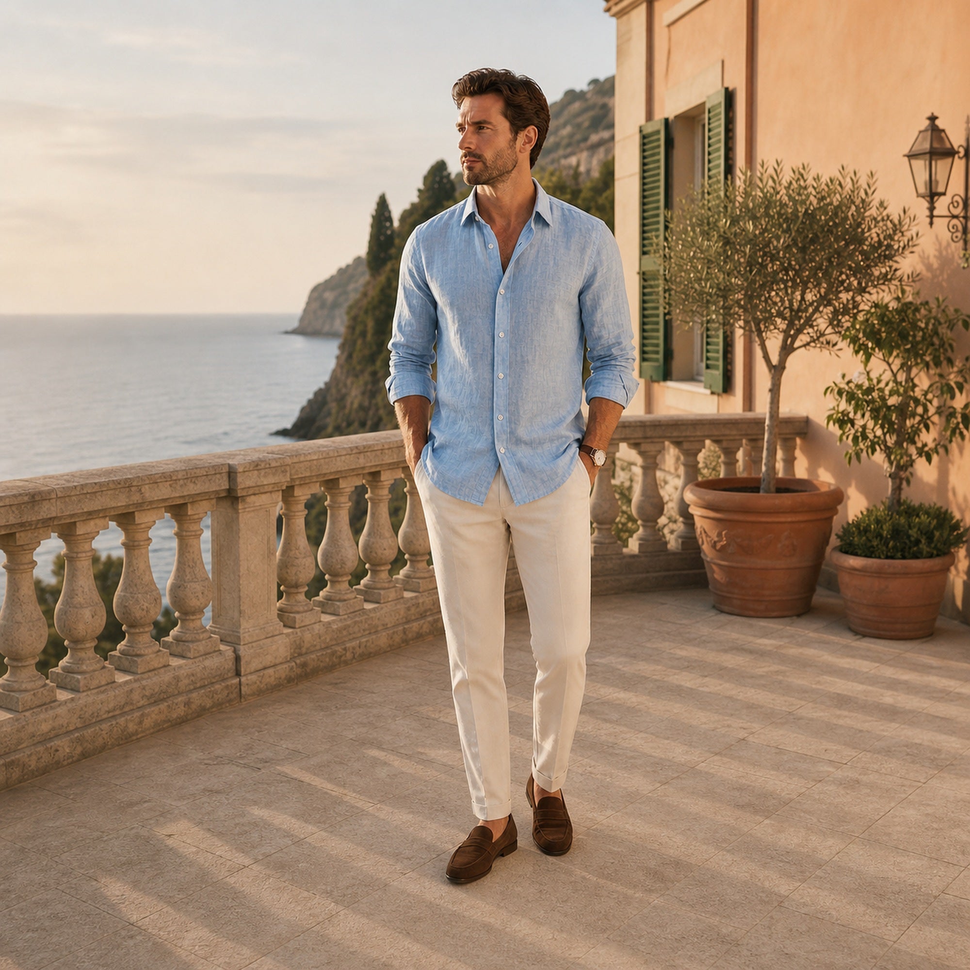 Yorevello light-blue shirt styled on a Mediterranean villa terrace