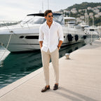 Yorevello white shirt styled at a yacht marina
