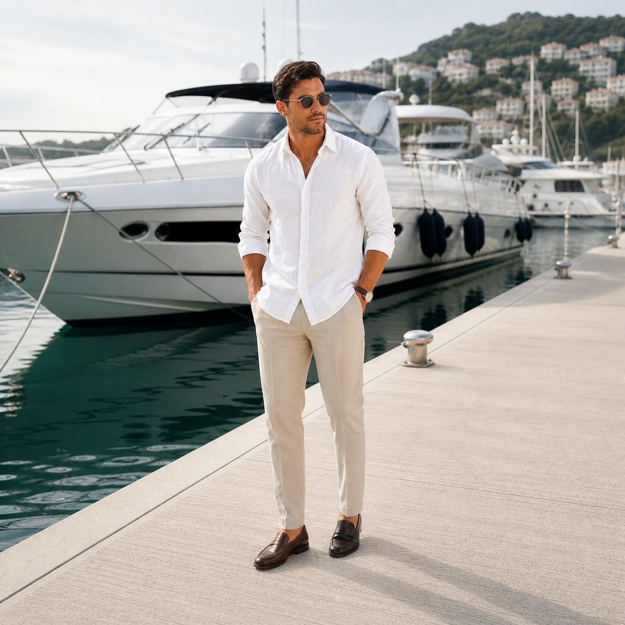 Yorevello white shirt styled at a yacht marina