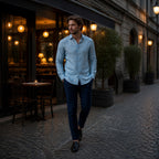 Yorevello light-blue shirt styled outside a European café