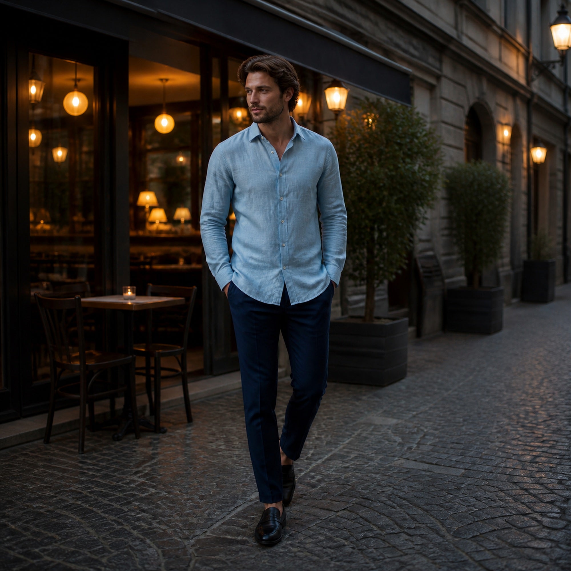 Yorevello light-blue shirt styled outside a European café