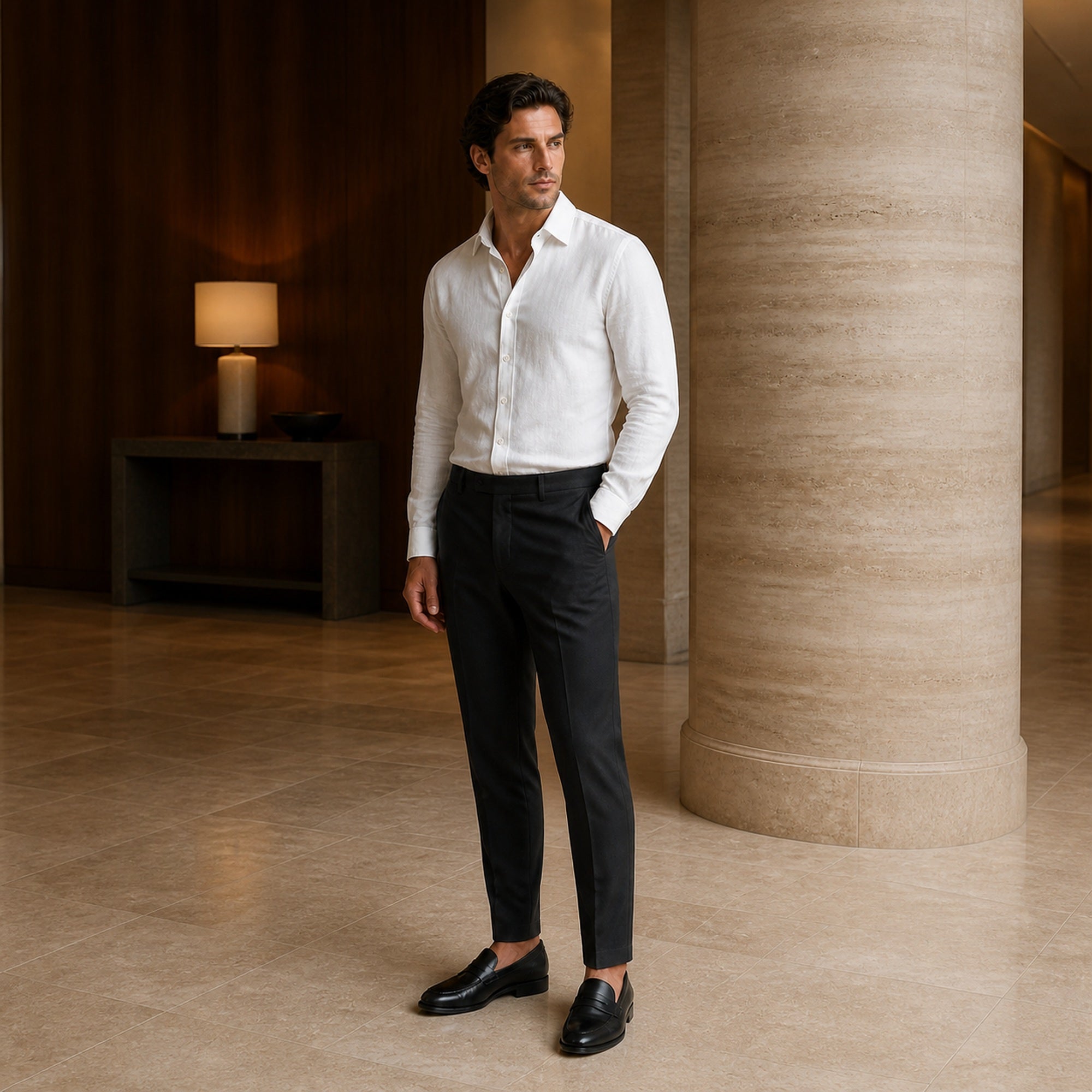 Yorevello white shirt styled in a luxury hotel