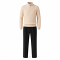 Zaledane ecru cable half-zip sweater and black tailored trousers on pure white