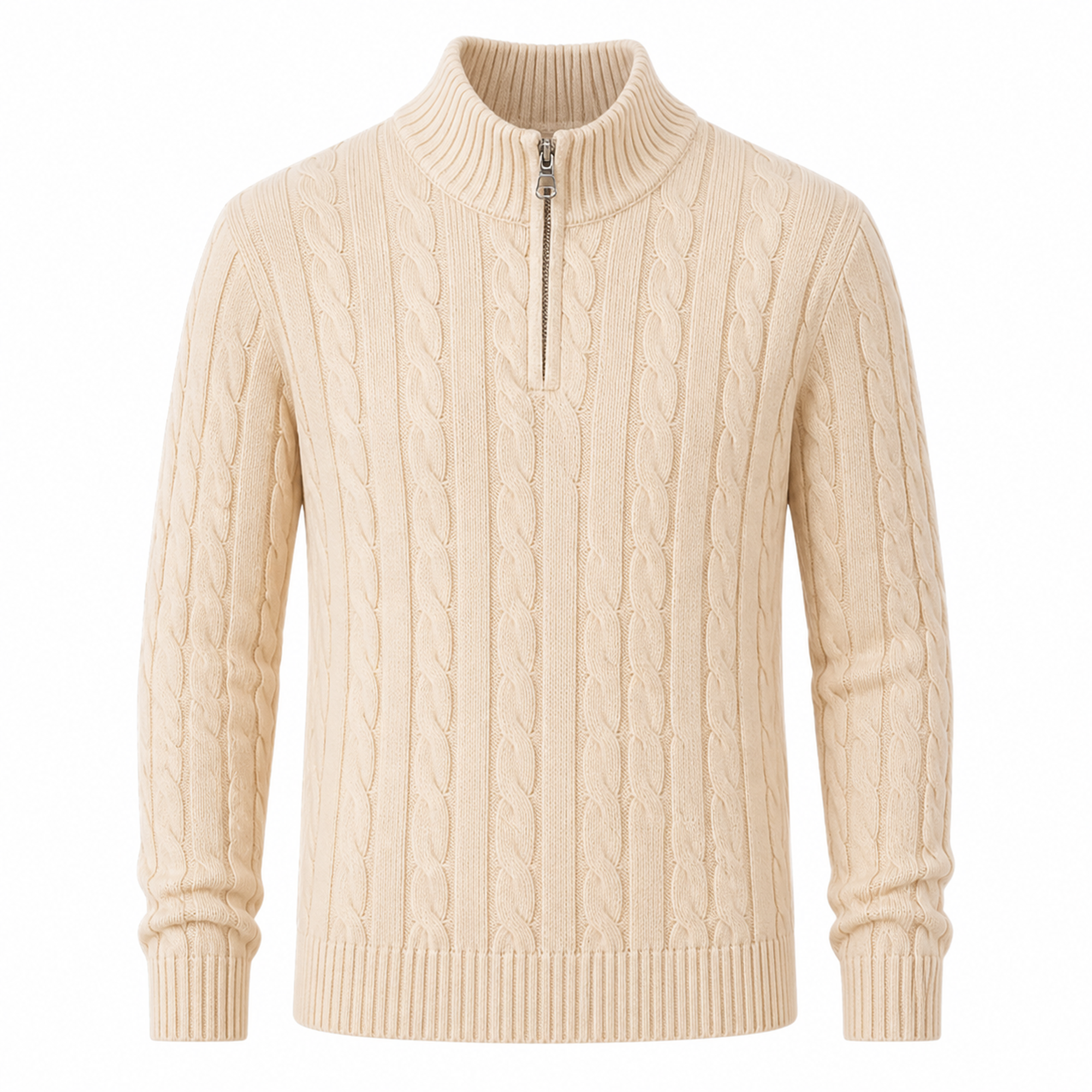 Zaledane ecru cable-knit half-zip sweater front view on pure white