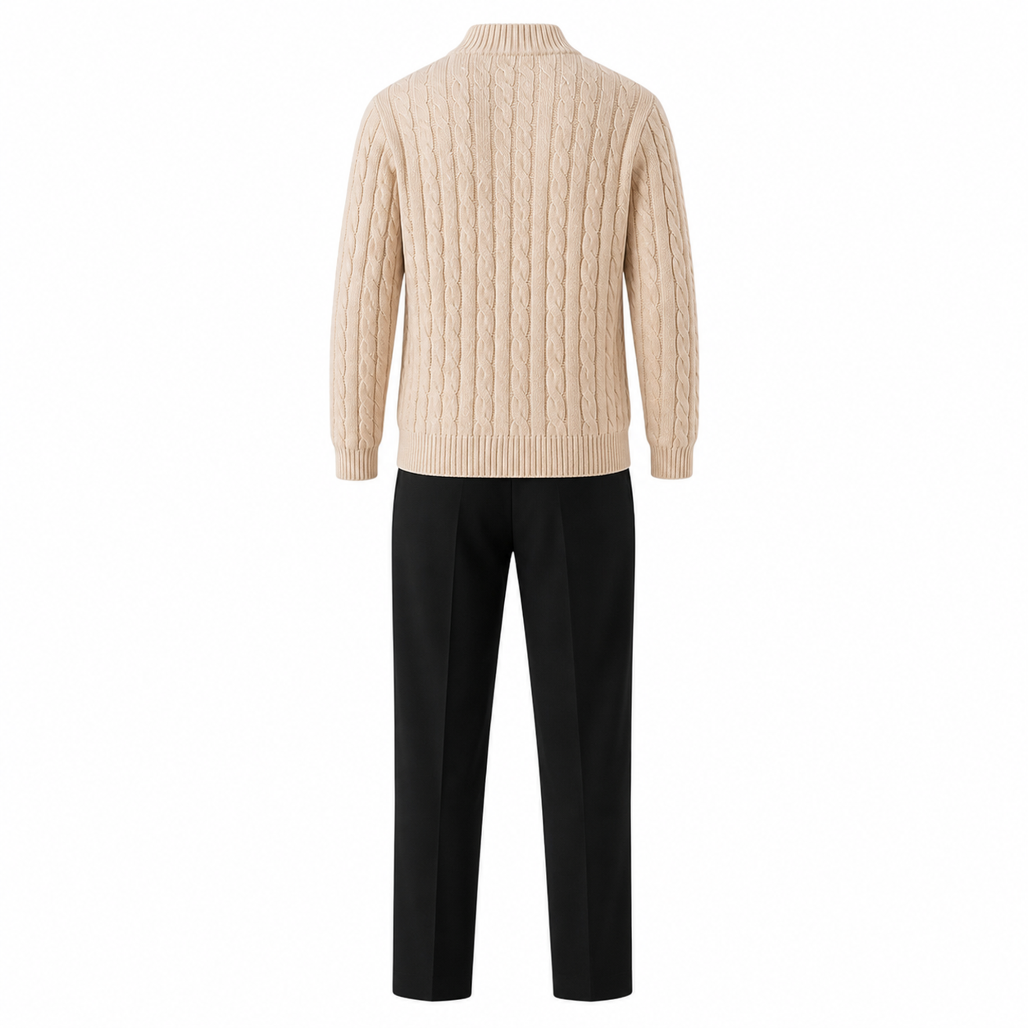 Rear view of the Zaledane ecru sweater and black trousers on pure white