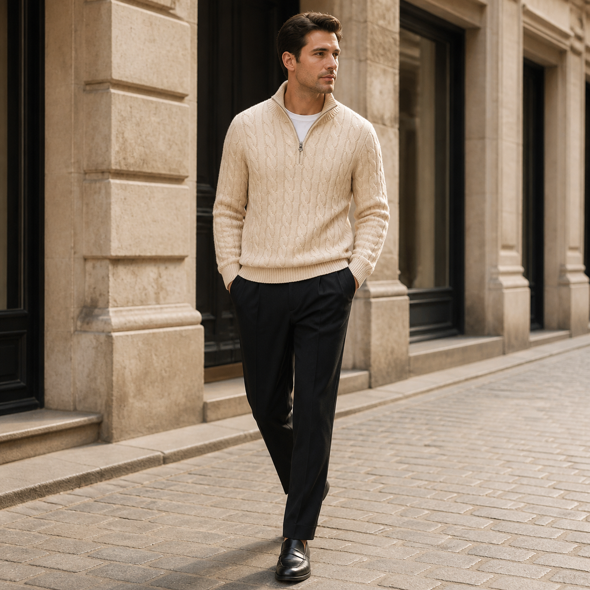 Man wearing the Zaledane outfit on a European stone street